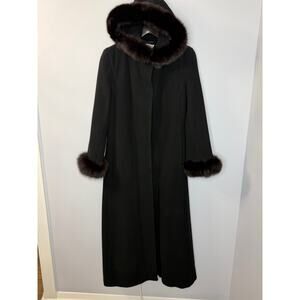 Marvin Richards Women's Lambswool Swing Long Coat Black Fox Fur Hood Trim Sz 14